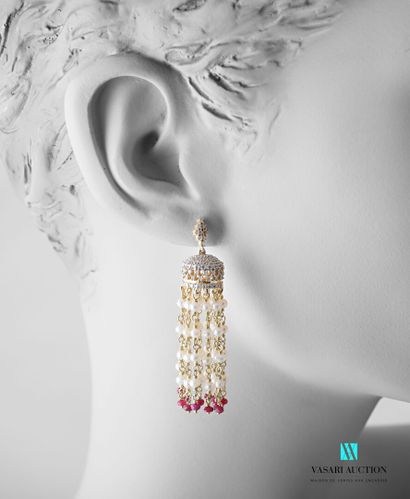 null Pair of vermeil ear pendants featuring a diamond crown supporting lines of pearls...
