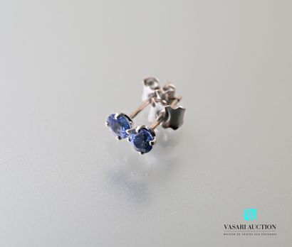 null Pair of 750 thousandths white gold ear studs set with two round-cut sapphires,...