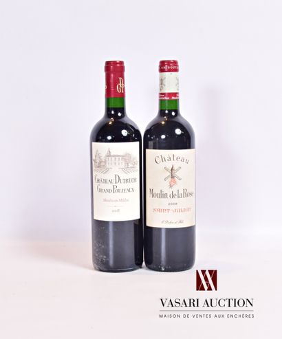 null Lot de 2 bouteilles comprenant :		

1 bouteille	Château DUTRUCH GRAND POUJEAUX	Moulis	2008

1...