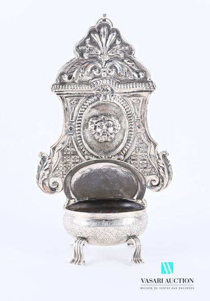 null A silver stoup with a hinged lid, it has an engraved decoration of foliated...