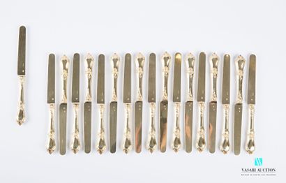 null Set of eighteen gilded silver fruit knives, the violin handle decorated with...