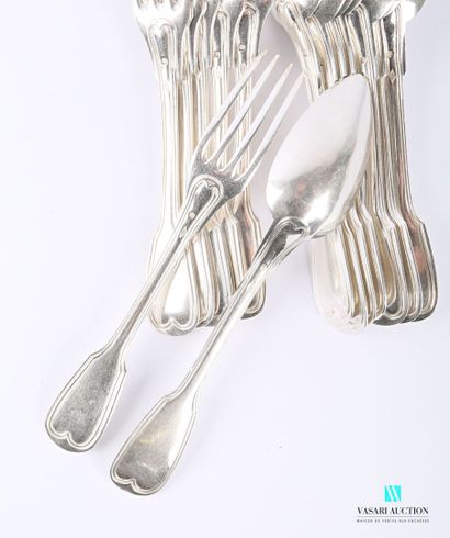null A suite of six table settings and two silver table spoons, the handle decorated...