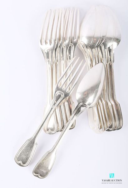null A suite of six table settings and two silver table spoons, the handle decorated...