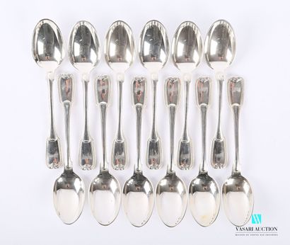 null A suite of twelve teaspoons, the silver handle decorated with a slightly protruding...