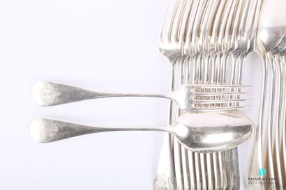 null A suite of twelve flat silver flatware with the handle decorated with the number...