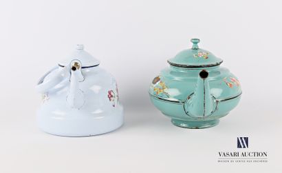 null Set comprising two enamelled metal teapots, one bell-shaped with polychrome...
