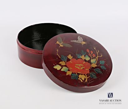 null Round shaped box made of boiled and lacquered cardboard with polychrome decoration...