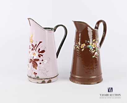 null Two truncated cone-shaped enamelled metal jugs with polychrome decoration of...