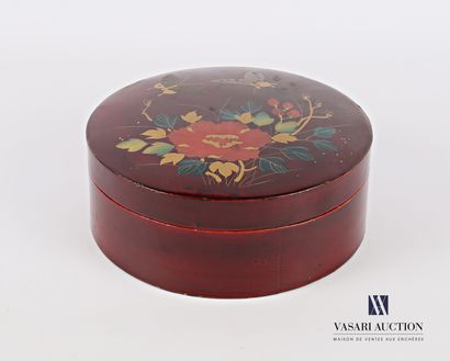 null Round shaped box made of boiled and lacquered cardboard with polychrome decoration...