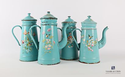 null Set of four coffee makers with their truncated cone-shaped filters in enamelled...