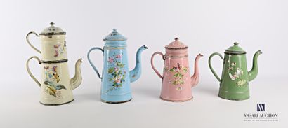 null Set of four coffee pots and their truncated cone-shaped filters made of enamelled...