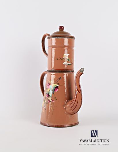null Coffee maker and its truncated cone-shaped filter in enamelled metal with polychrome...