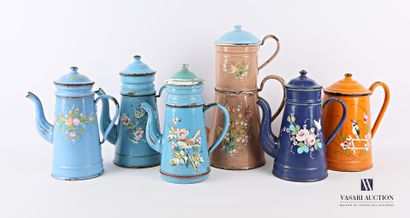 null Set of six truncated cone-shaped enamelled metal coffee pots with polychrome...