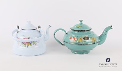 null Set comprising two enamelled metal teapots, one bell-shaped with polychrome...