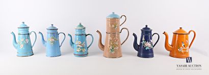 null Set of six truncated cone-shaped enamelled metal coffee pots with polychrome...