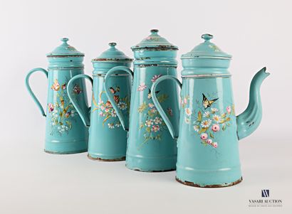 null Set of four coffee makers with their truncated cone-shaped filters in enamelled...