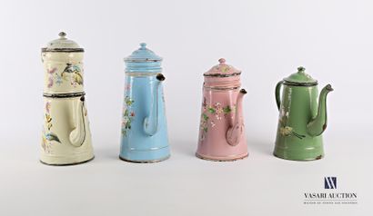 null Set of four coffee pots and their truncated cone-shaped filters made of enamelled...