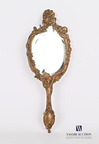 null Face à main en bronze, le miroir à vue mouvementée biseauté s'inscrit dans un...