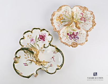 null Two tri-lobed condiment dishes in polychrome-treated porcelain with iris and...