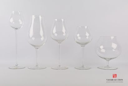 null Crystal glass set including five stemmed glasses, cups of various shapes.

(scratches...
