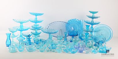 null Set in blue tinted moulded glass comprising an oval tray decorated with gadroons...