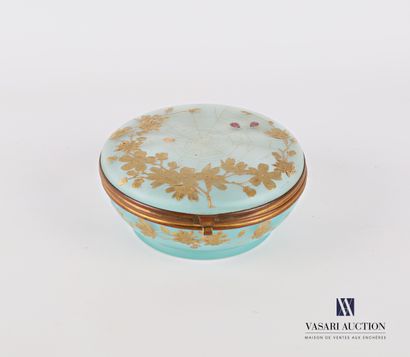 null Opaque glass candy box of round shape with gold decoration of flowered branches,...