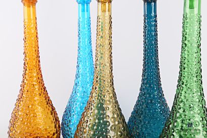 null Set of five piriform bottles in bubbled glass tinted amber, green and blue in...