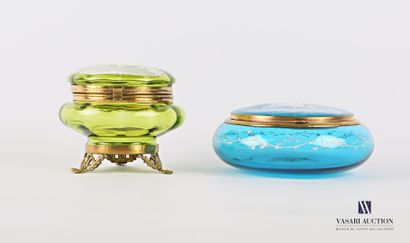 null Two round-shaped candy boxes, one in blue glass, the other in green glass with...