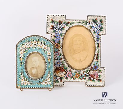 null Set of two oval micro-mosaic frames, the first one with detached corners decorated...