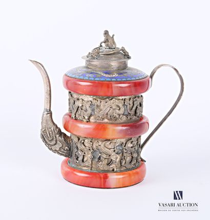 null Metal jug, the tubular frome body having two friezes decorated with alternating...