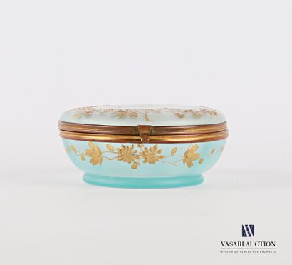 null Opaque glass candy box of round shape with gold decoration of flowered branches,...
