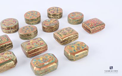 null Set of thirteen round, rectangular or oval shaped pill boxes in brass with enamel...