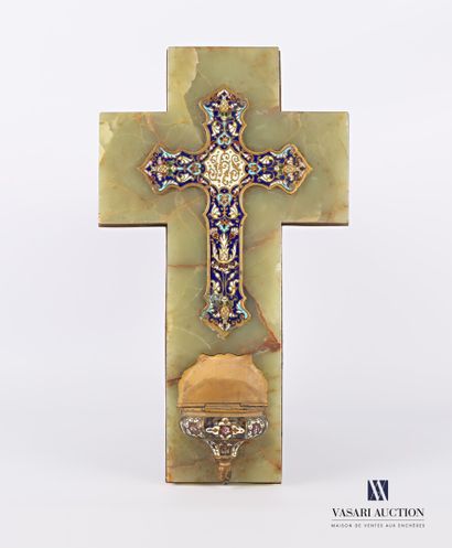 null Appliqué onyx and bronze stoup with a removable lid and cross has a cloisonné...
