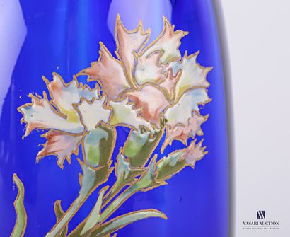 null Vase of oblong shape out of blue tinted glass the body with decoration of carnations...