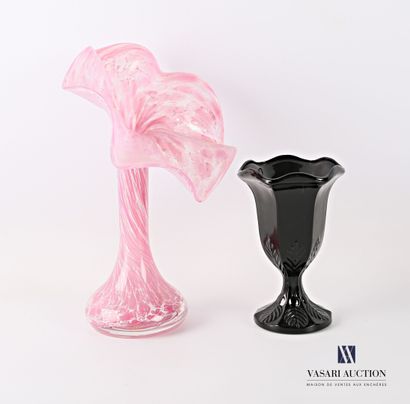 null Set including two vases with corolla neck, one in pinkish tinted glass engraved...