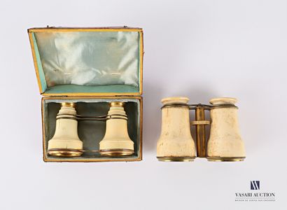 null Set of two pairs of binoculars made of bone and metal, the first one marked...