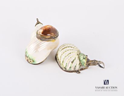 null Set of two shell pendants, one of them forming a box, and the other one a metal...