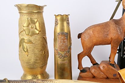 null Lot including a carved wooden chamois (Height: 27 cm), four piboles, two of...