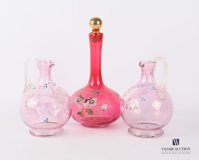 null Set comprising a pair of Parma-coloured glass carafons with a white enamelled...