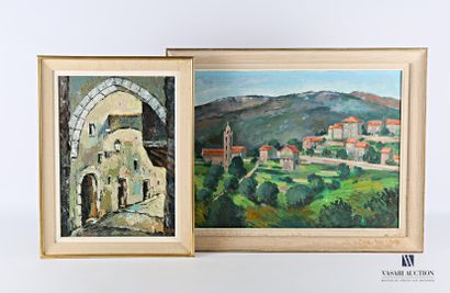 null Set of three framed pieces including : 

-TORRE

View of alley

Oil on canvas...
