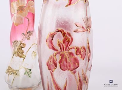 null Oblong frosted glass vase with iris decoration and red enamelled dragonflies...