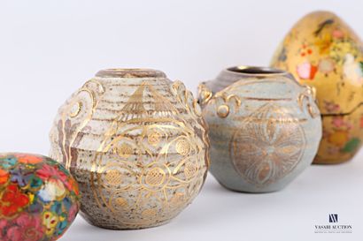 null Set including two stoneware ball vases with gold highlights, one marked GB in...