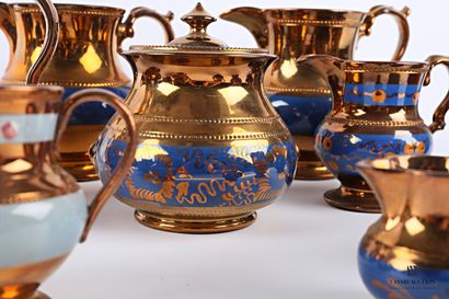 null JERSEY

Copper-glazed earthenware set with blue bands, some with stylised foliage...