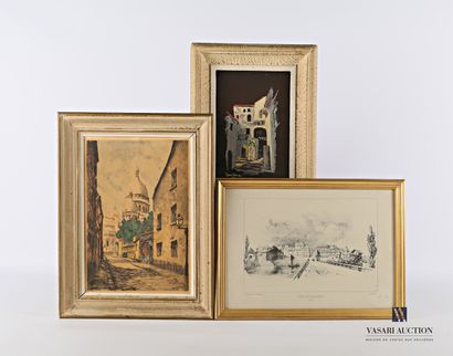 null Set of three framed pieces including :

-ELMY

Sartène

Gouache on canvas 

Signed...