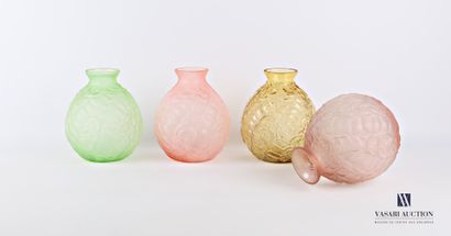 null Set of four glass vases in pink, green and amber with an ovoid shape decorated...