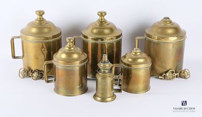 null Brass lot comprising five covered mugs with handles, a kerosene lamp and four...