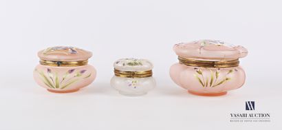 null Three sandblasted glass candy boxes with enamelled decoration for two of iris,...