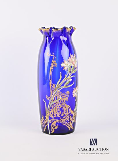 null Vase of oblong shape out of blue tinted glass the body with decoration of carnations...