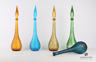 null Set of five piriform bottles in bubbled glass tinted amber, green and blue in...