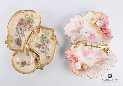 null Two eventfully shaped condiment dishes decorated with polychrome-treated flowers...